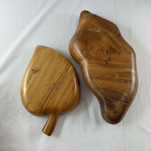 2 Vtg House Of Monkey Pod Wood Dishes Divided Leaf Bowl & Abstract Bowl Hawaii - Picture 9 of 15